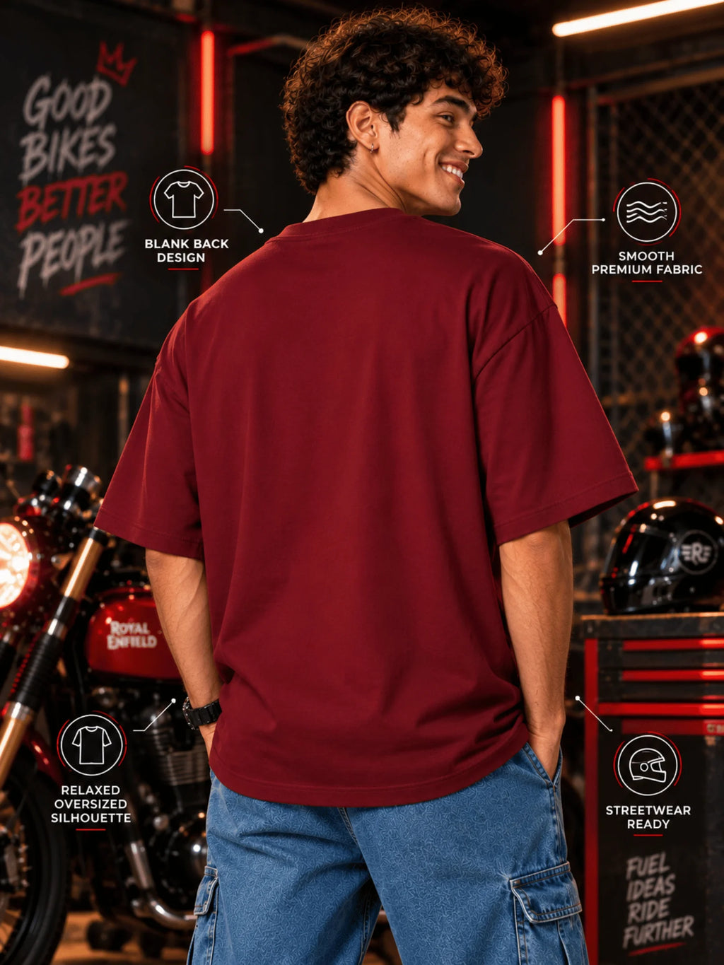 Excello Men's Royal Enfield GT 650 'Midnight Rush' Graphic Oversized T-Shirt | Maroon