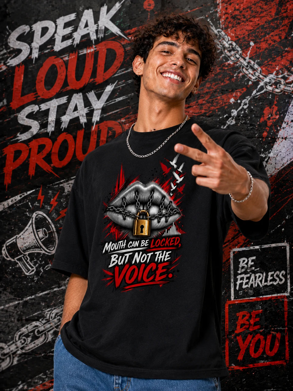 Excello Men's 'Unstoppable Voice' Typography Graphic Oversized T-Shirt | Black