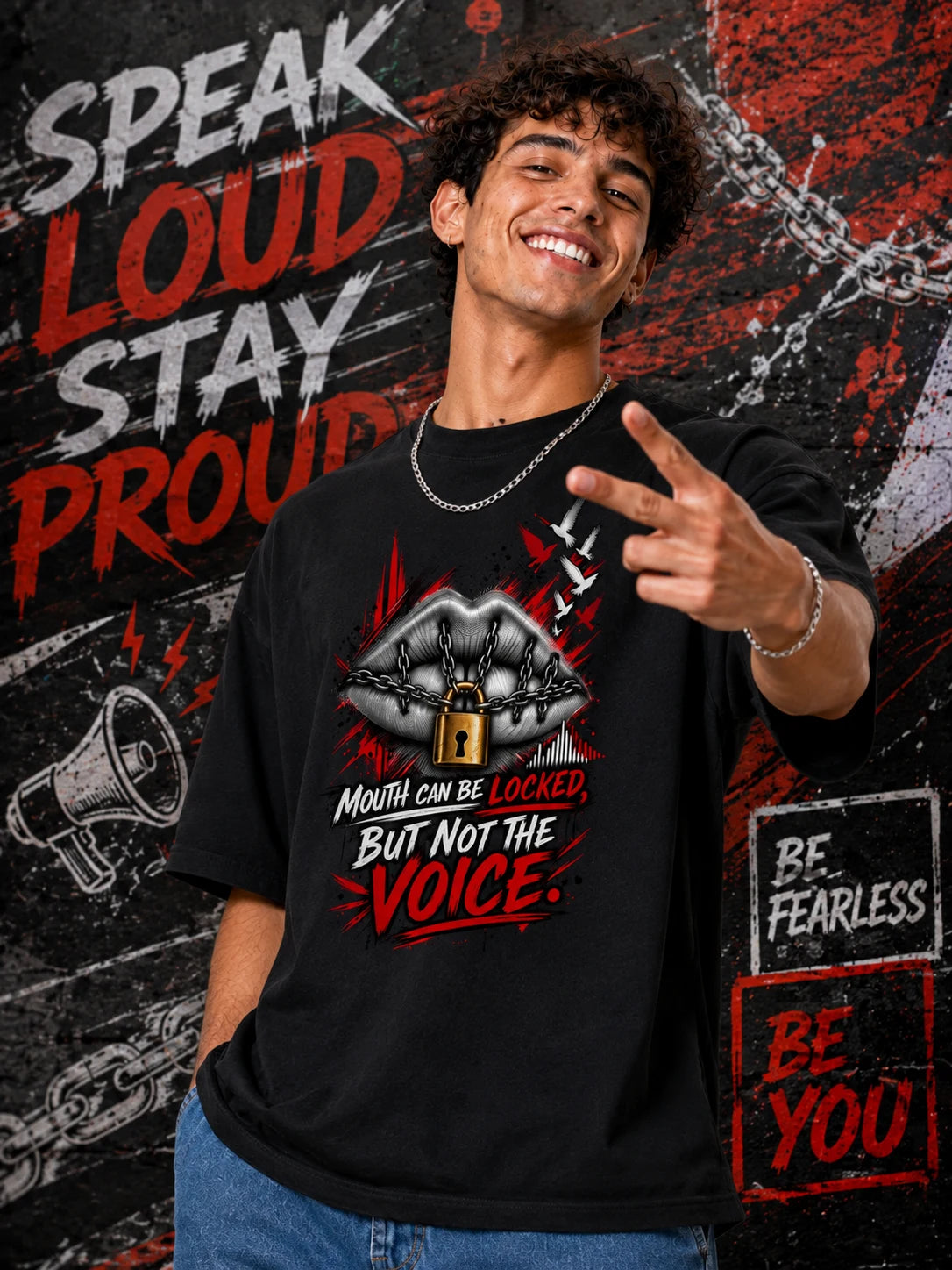 Excello Men's 'Unstoppable Voice' Typography Graphic Oversized T-Shirt | Black