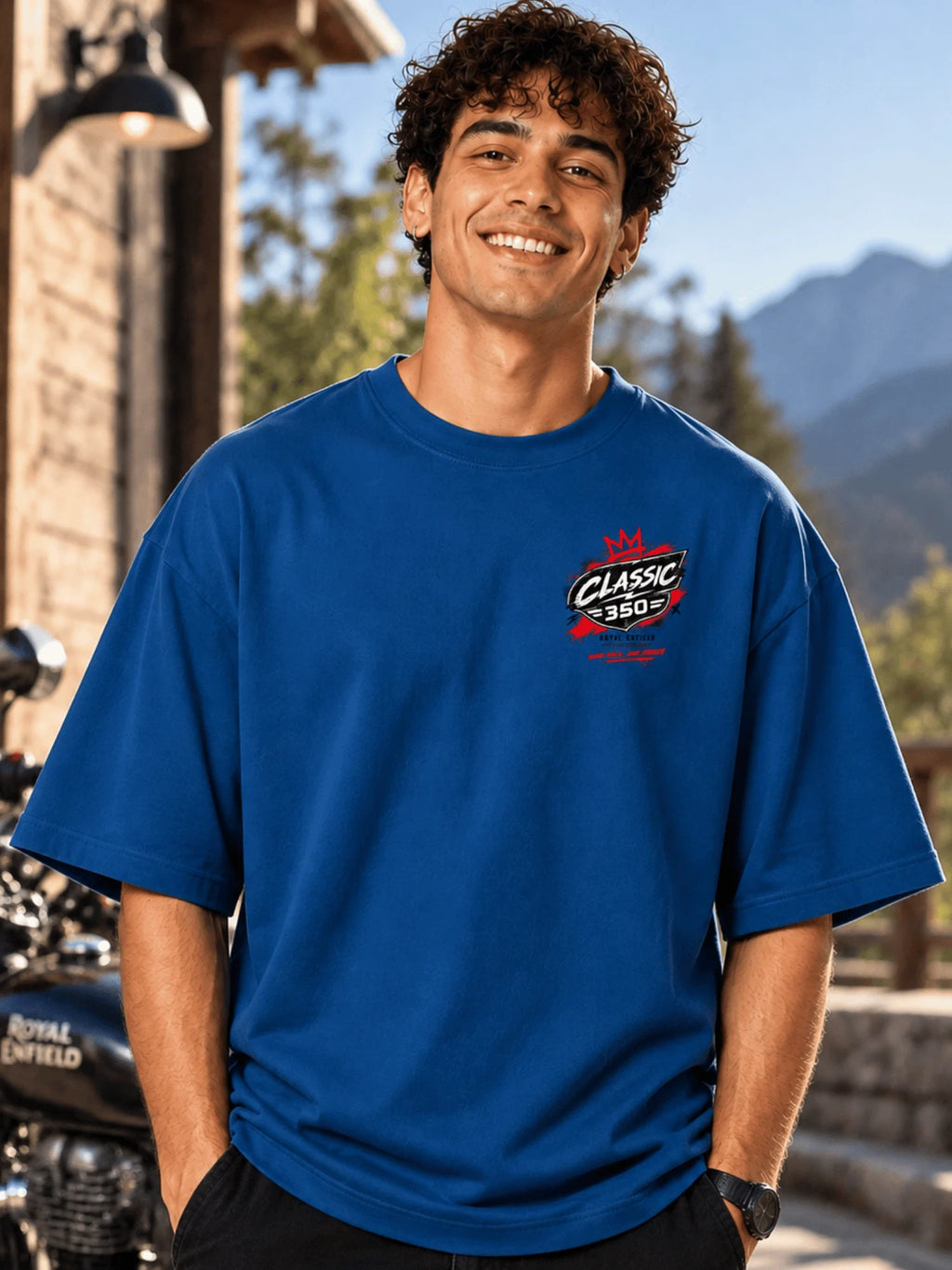 Excello Men's Royal Enfield Classic 350 Graphic Oversized T-Shirt | Air Force Blue