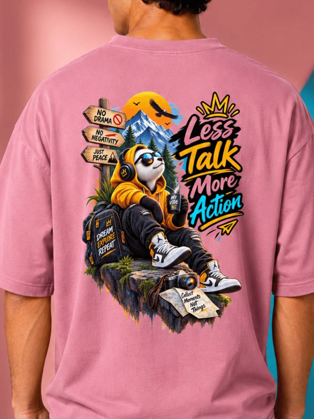 Excello Men's 'Less Talk More Action' Panda Graphic Oversized T-Shirt | Rose Pink