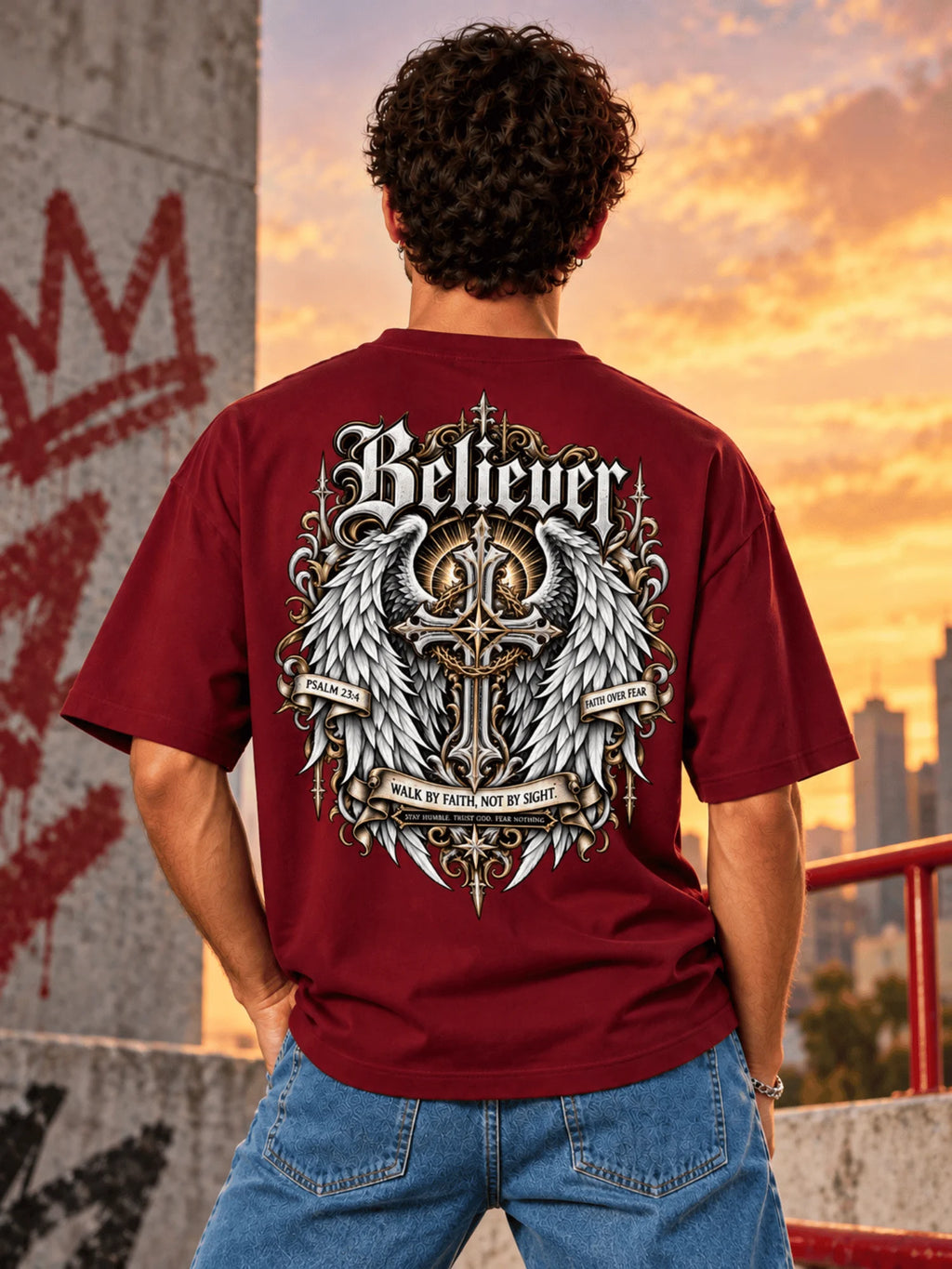 Excello Men's 'Believer' Cross & Wings Graphic Oversized T-Shirt | Maroon