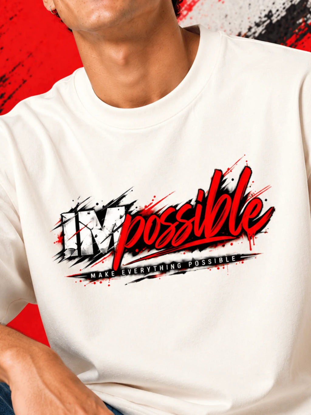 Excello Men's 'Impossible' Motivational Graphic Oversized T-Shirt | Off  White