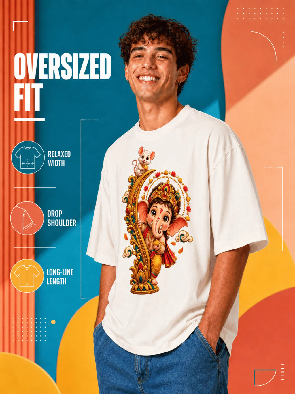 Excello Men's Playful Bal Ganesha & Mushak Graphic Oversized T-Shirt - 240 GSM Pure Cotton, Bio-Washed-White