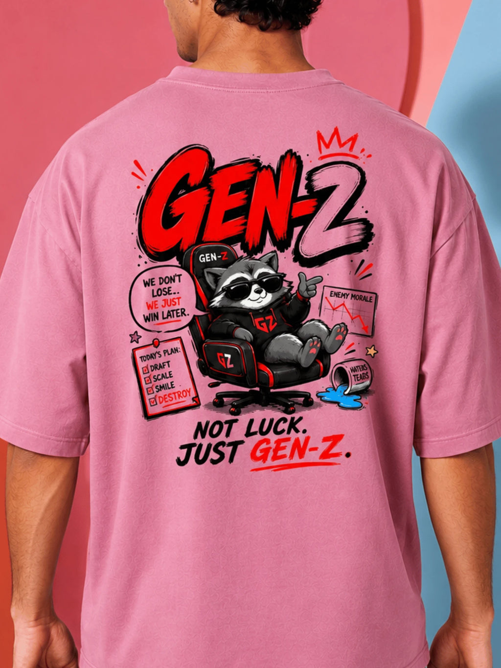 Excello Men's 'Gen-Z Raccoon' Gamer Graphic Oversized T-Shirt | Rose Pink