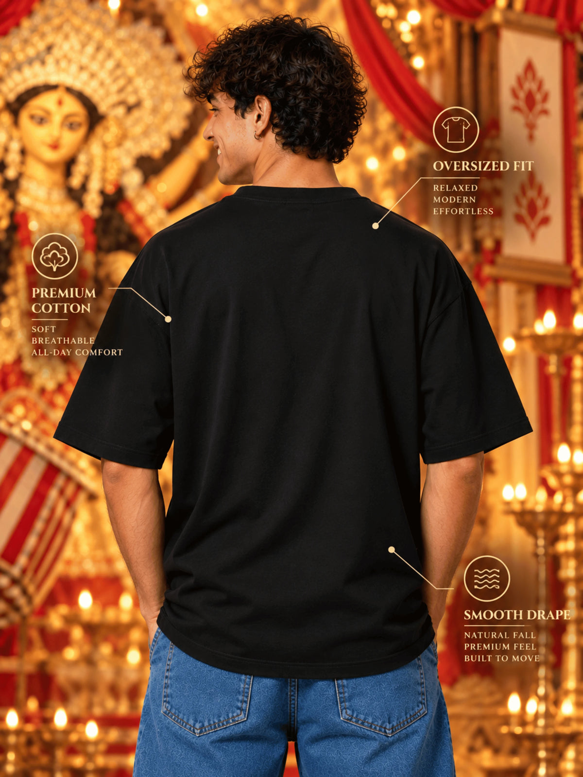 Excello Men's Divine Goddess Golden Profile Graphic Oversized T-Shirt | Black