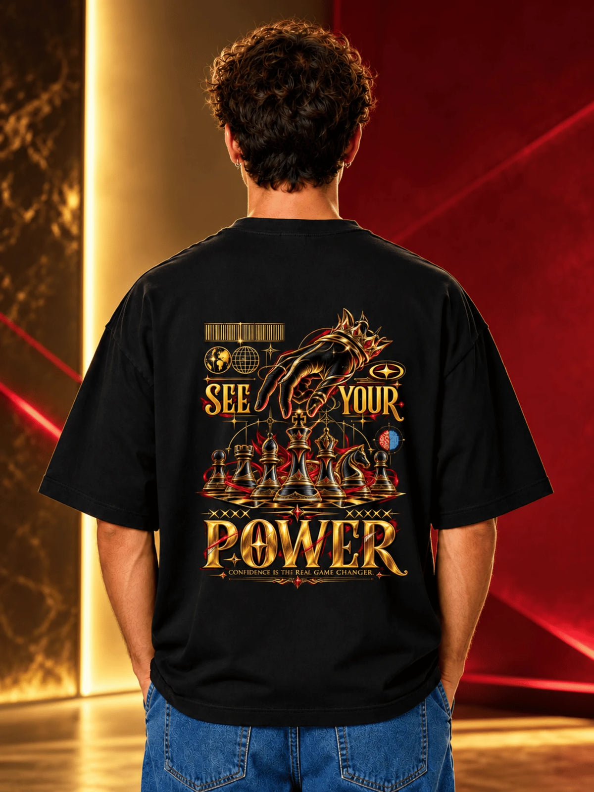 Excello Men's 'See Your Power' Chess Graphic Oversized T-Shirt | Black