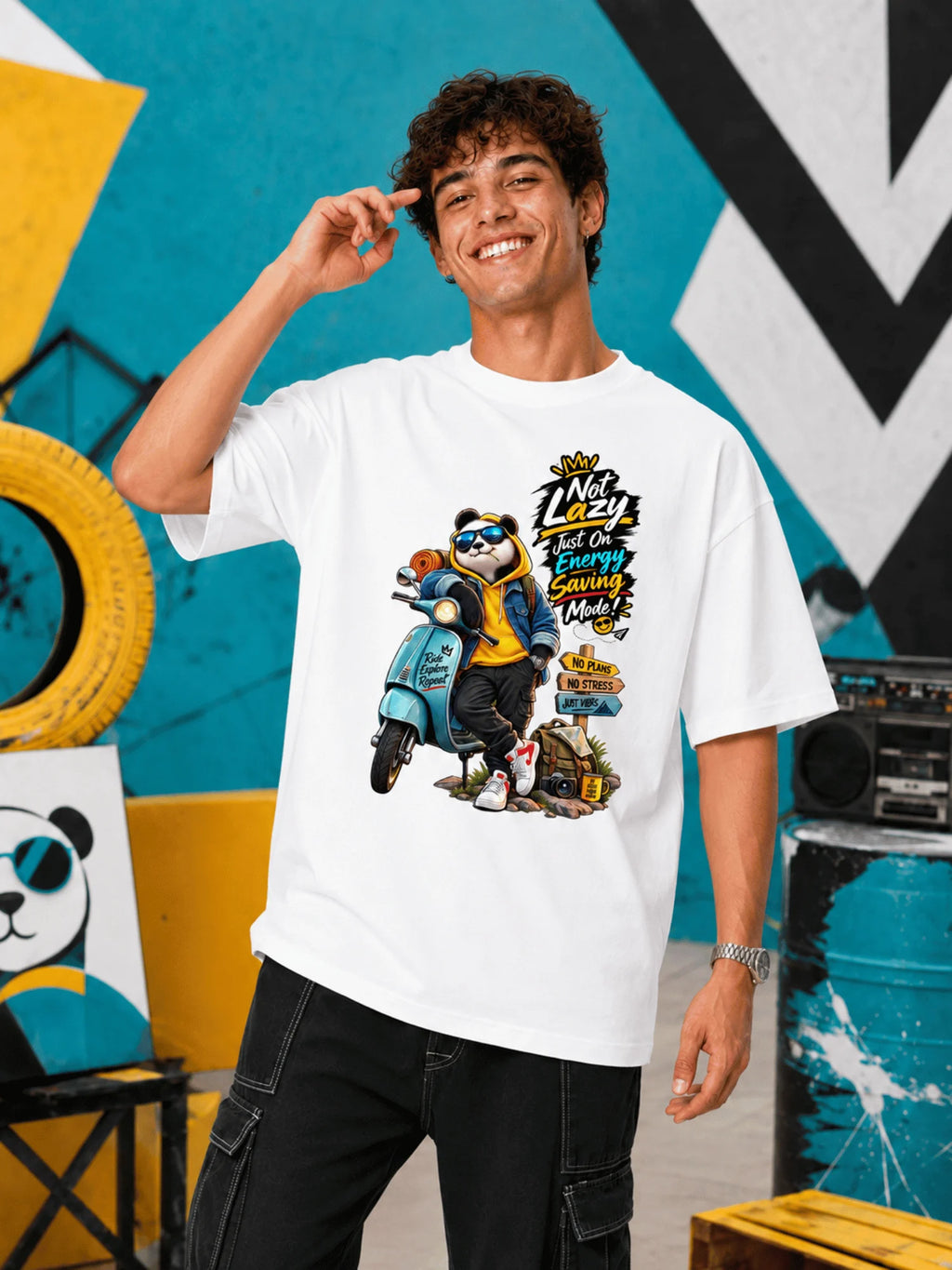 Excello Men's 'Not Lazy' Panda Graphic Oversized T-Shirt | White