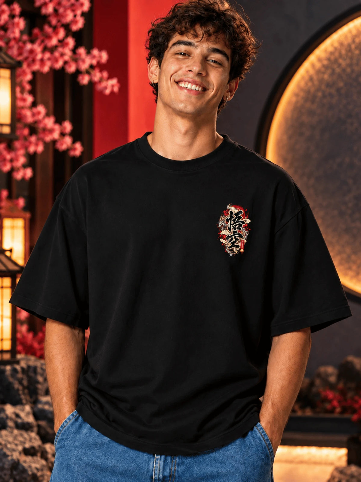 Excello Men's  Anime Dragon Graphic Oversized T-Shirt | Black