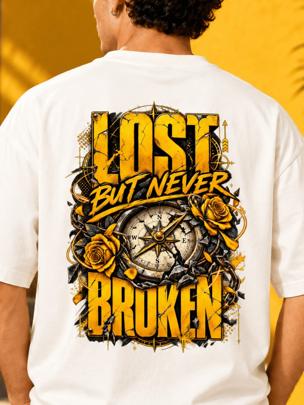 Excello Men's 'Lost But Never Broken' Compass Graphic Oversized T-Shirt | Off White