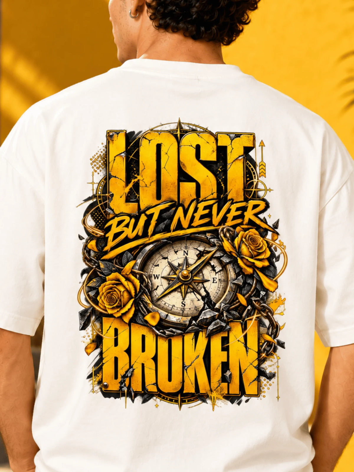 Excello Men's 'Lost But Never Broken' Compass Graphic Oversized T-Shirt | Off White