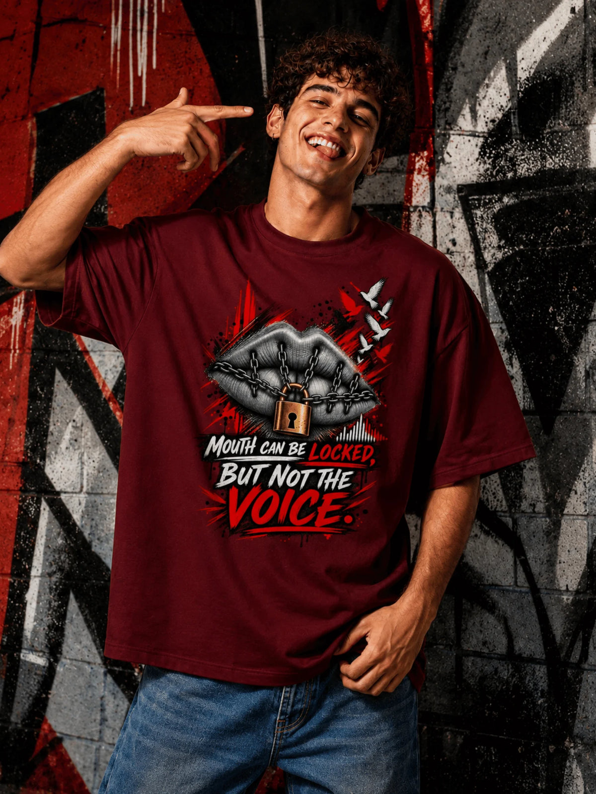 Excello Men's 'Unstoppable Voice' Typography Graphic Oversized T-Shirt | Maroon