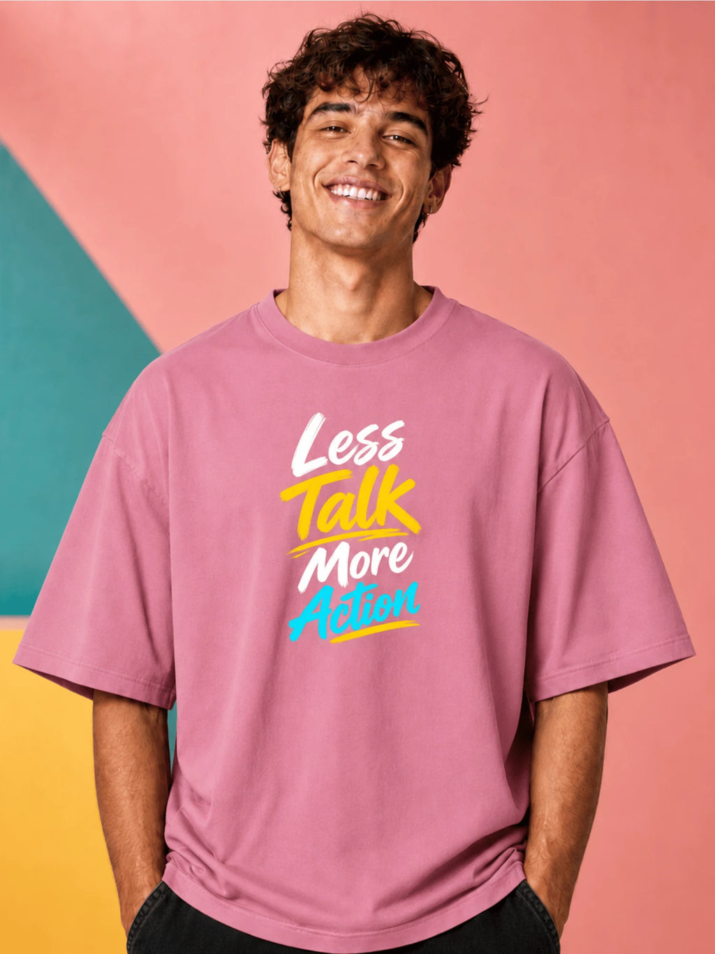 Excello Men's 'Less Talk More Action' Panda Graphic Oversized T-Shirt | Rose Pink