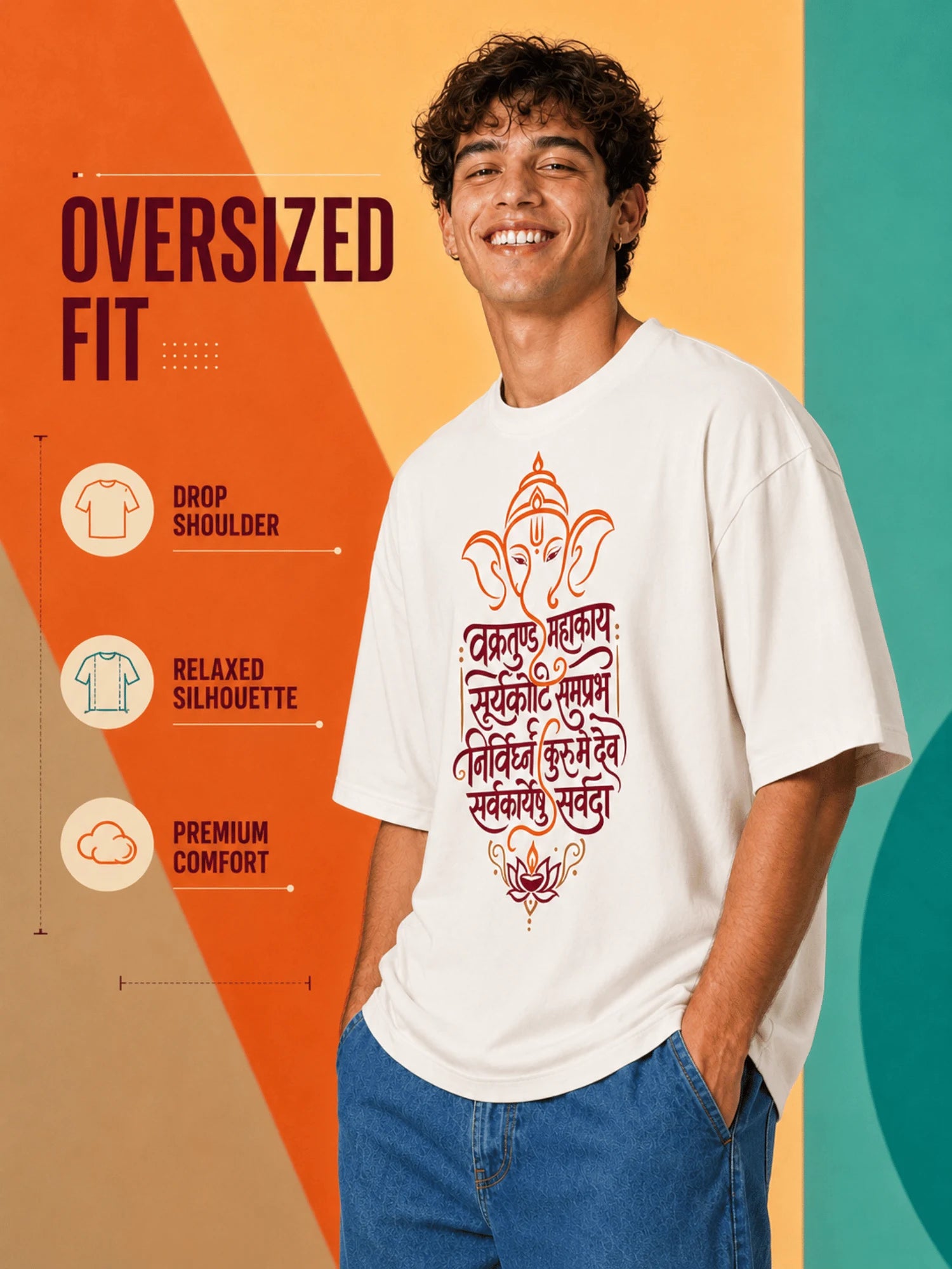 Excello Men's Vakratunda Mahakaya Ganesha Graphic Oversized T-Shirt - 240 GSM Pure Cotton, Bio-Washed-Off White