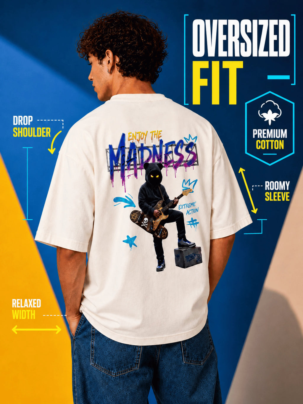 Excello Men's 'Enjoy The Madness' Graffiti Graphic Oversized T-Shirt | Off White
