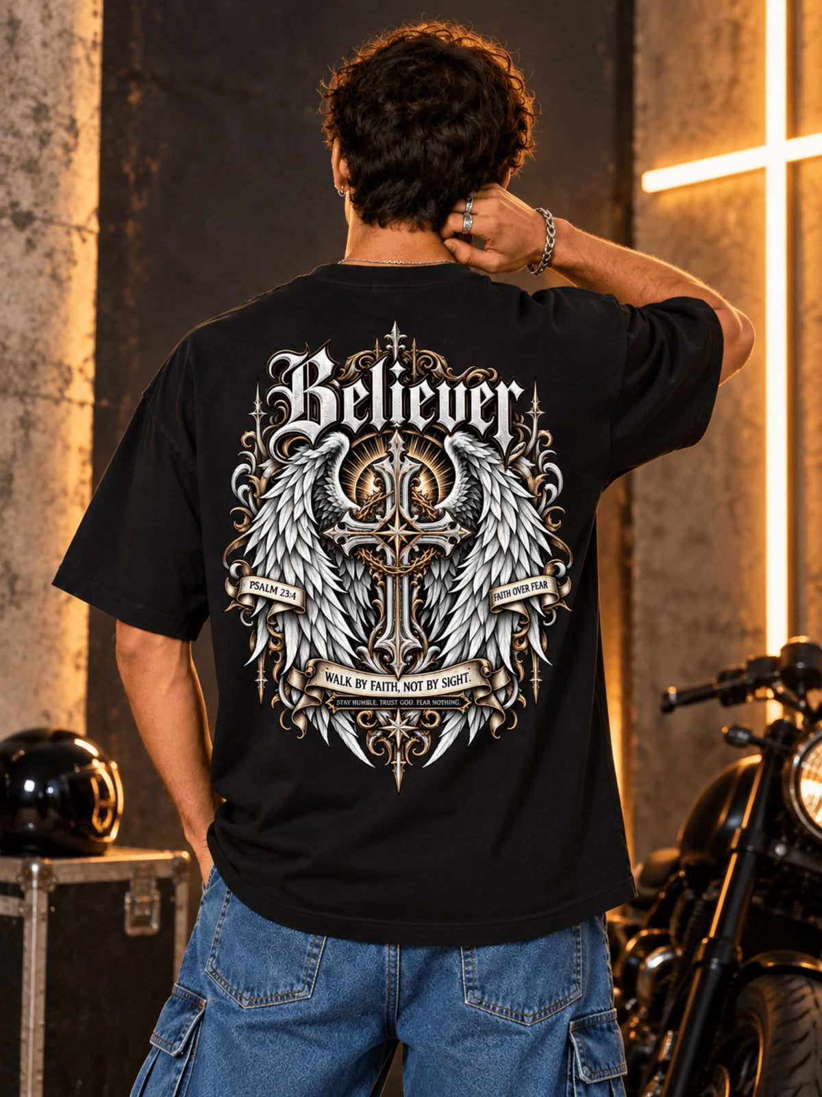 Excello Men's 'Believer' Cross & Wings Graphic Oversized T-Shirt | Black