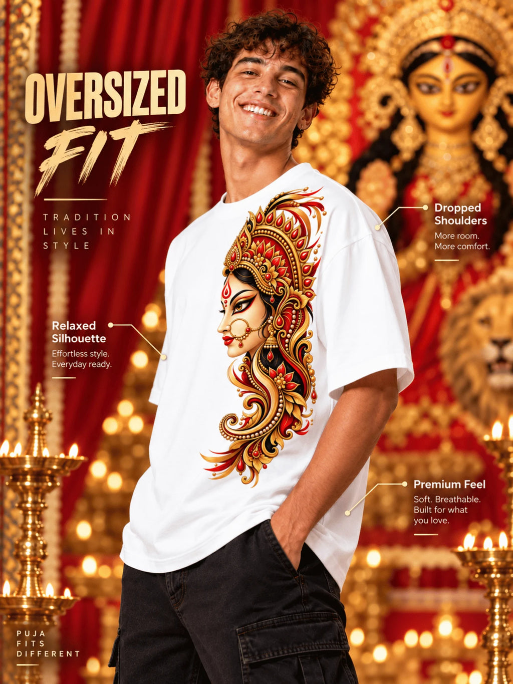Excello Men's Divine Goddess Golden Profile Graphic Oversized T-Shirt | White