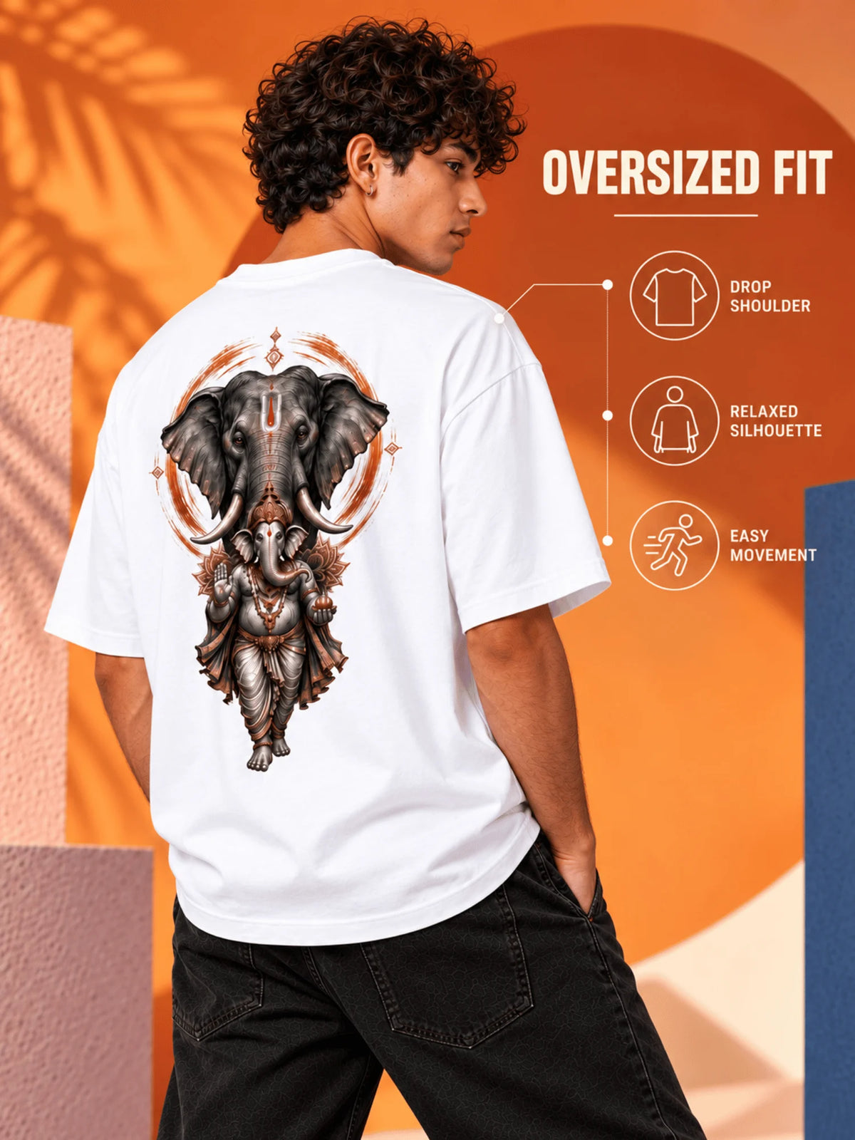 Excello Men's Majestic Elephant & Ganesha Graphic Oversized T-Shirt - 240 GSM Pure Cotton, Bio-Washed | White