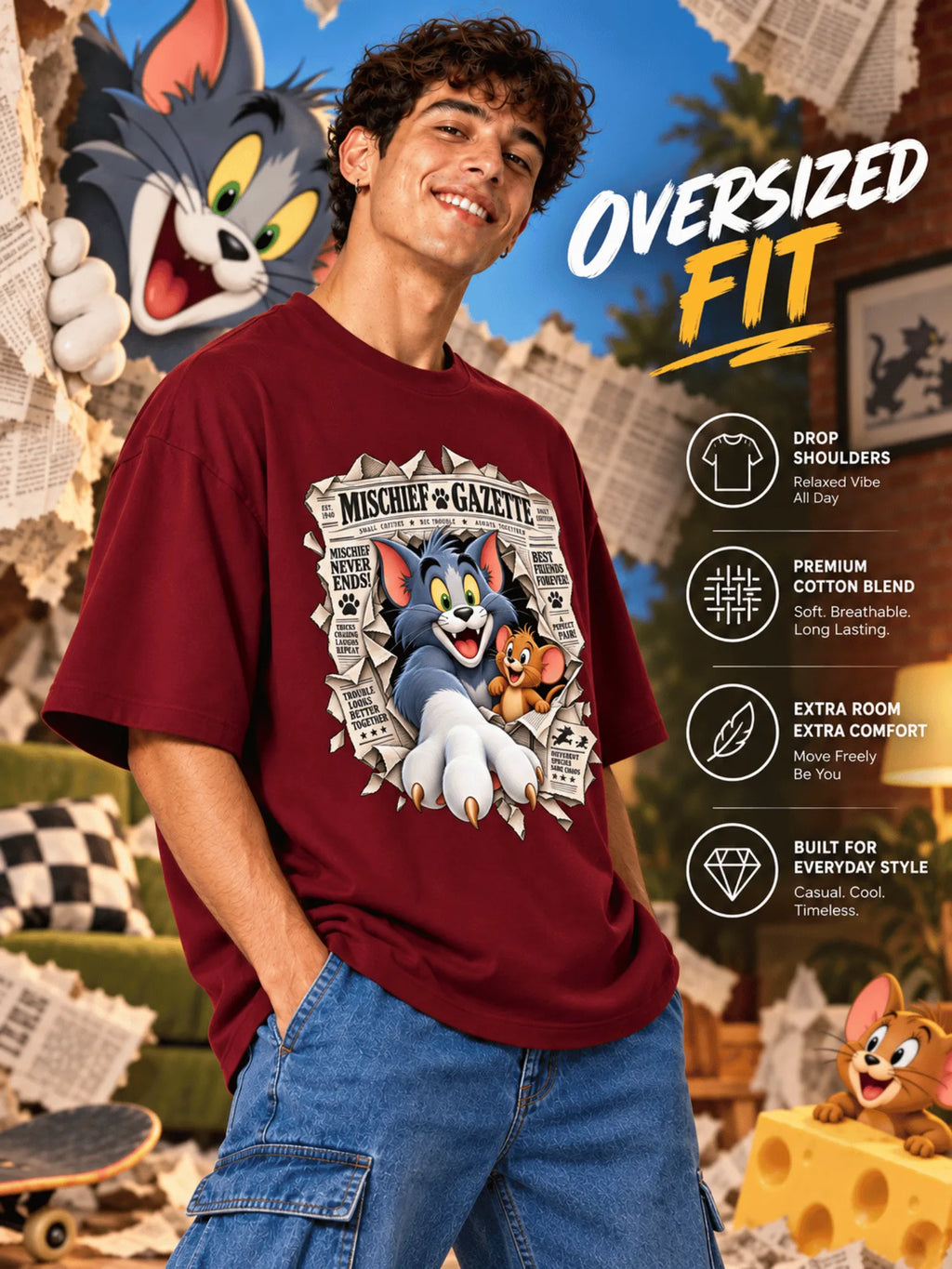 Excello Men's Mischief Gazette Graphic Oversized T-Shirt - Premium Cotton | Maroon