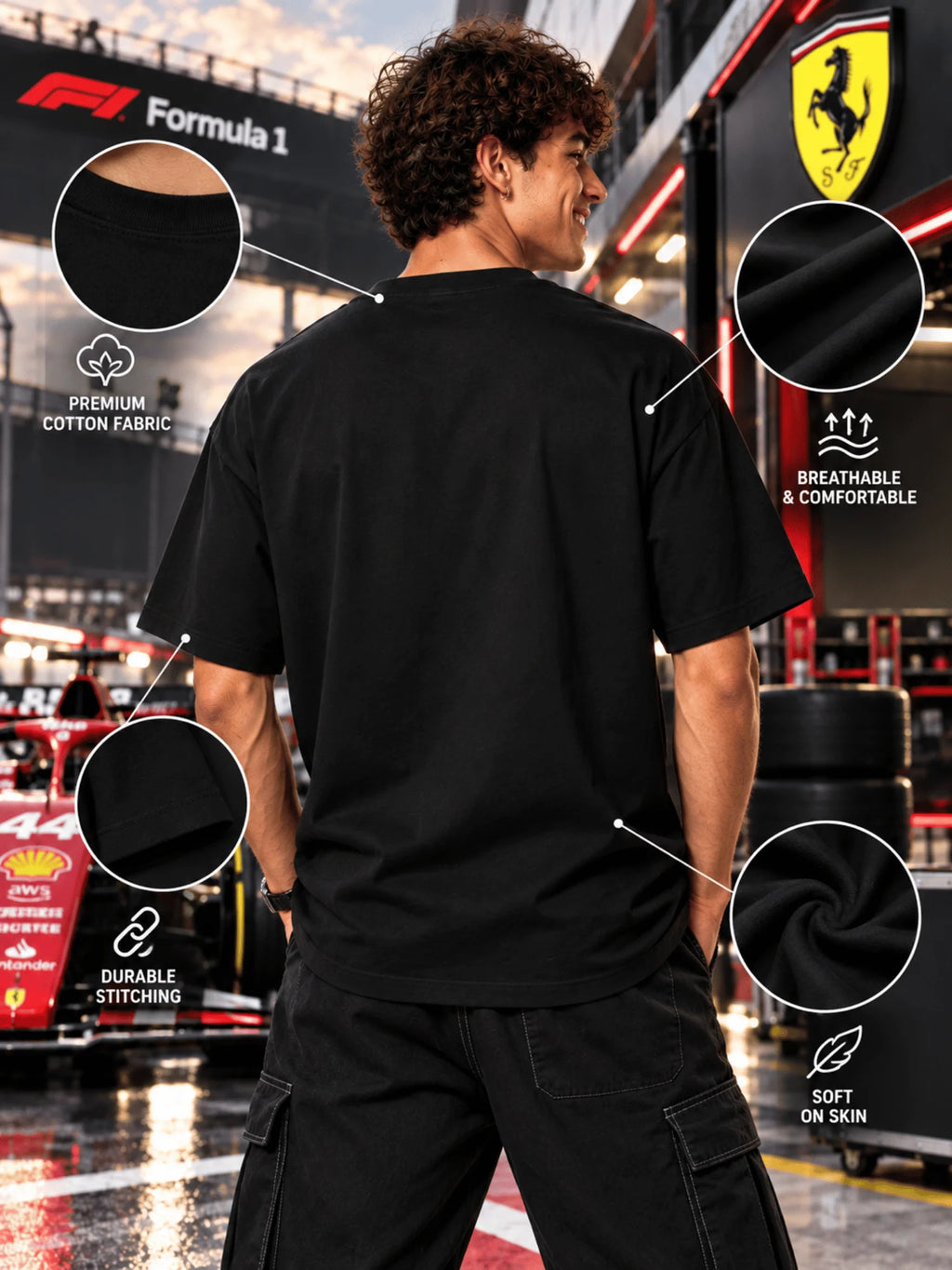 Excello Men's Lewis Hamilton 44 Scuderia Ferrari Graphic Oversized T-Shirt | Black