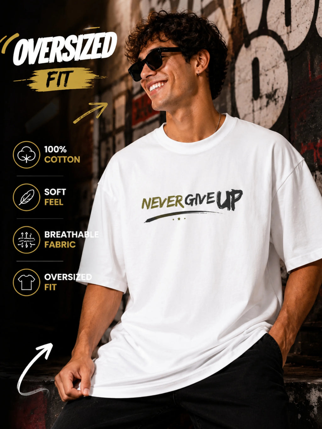Excello Men's 'Never Give Up' Resilience Graphic Oversized T-Shirt | White