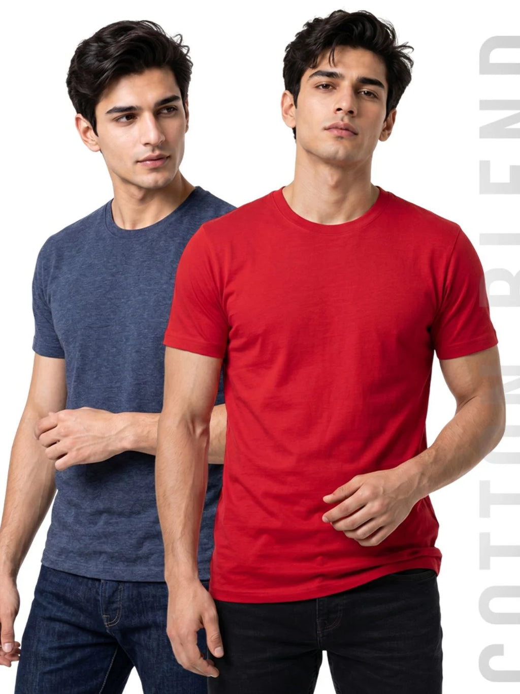 Excello Men's Cotton Blend Bio-Wash Plain  Regular Fit Round Neck T-Shirt  | Navy & Red