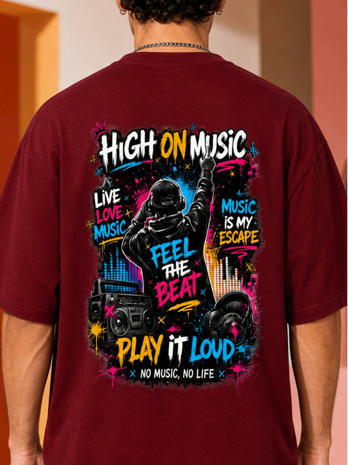 Excello Men's 'High On Music' Neon Graphic Oversized T-Shirt | Maroon
