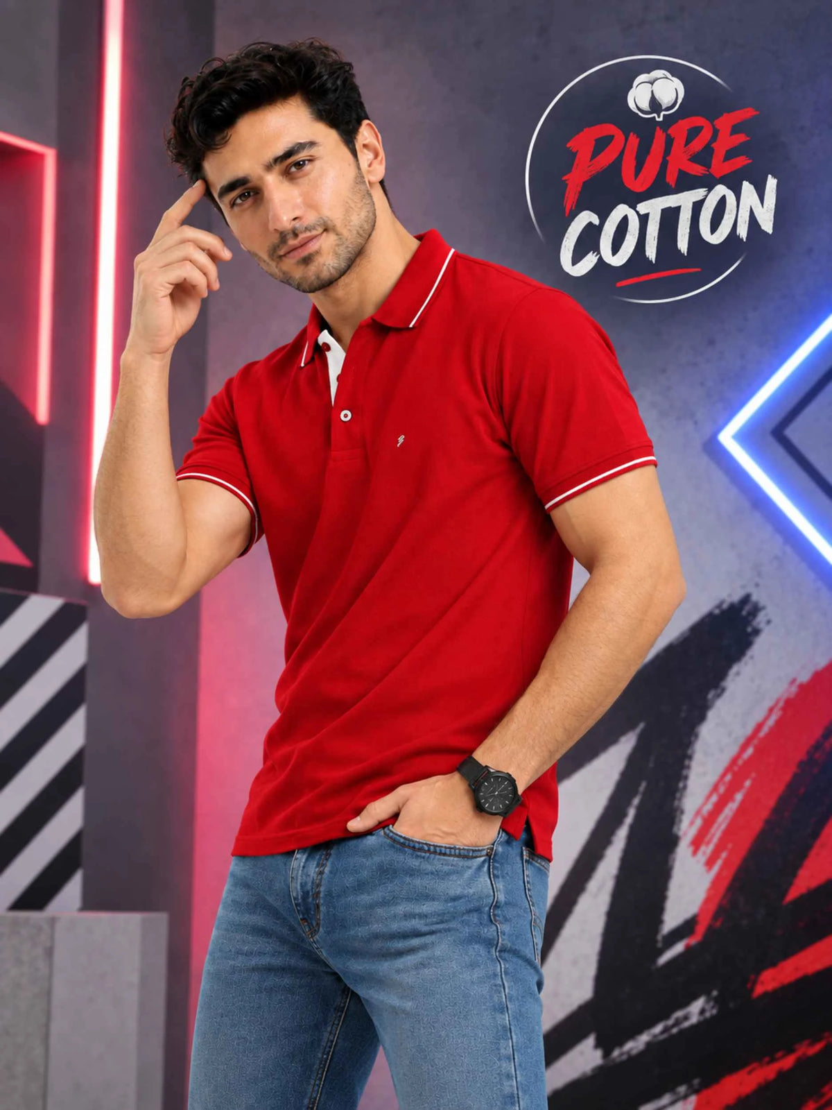 Premium 270 GSM Pure Cotton Biowash Tipping Polo T-Shirt - Heavyweight & Breathable | Red