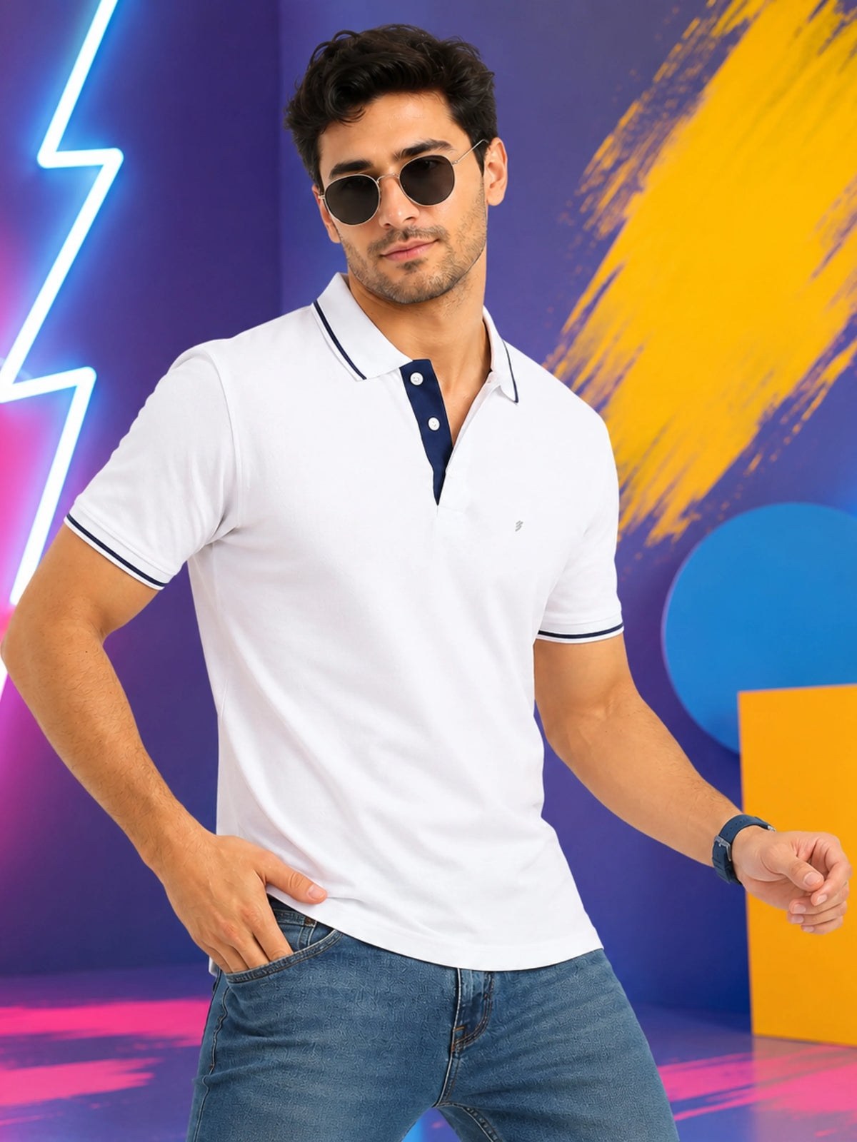 Premium 270 GSM Pure Cotton Biowash Tipping Polo T-Shirt - Heavyweight & Breathable - White