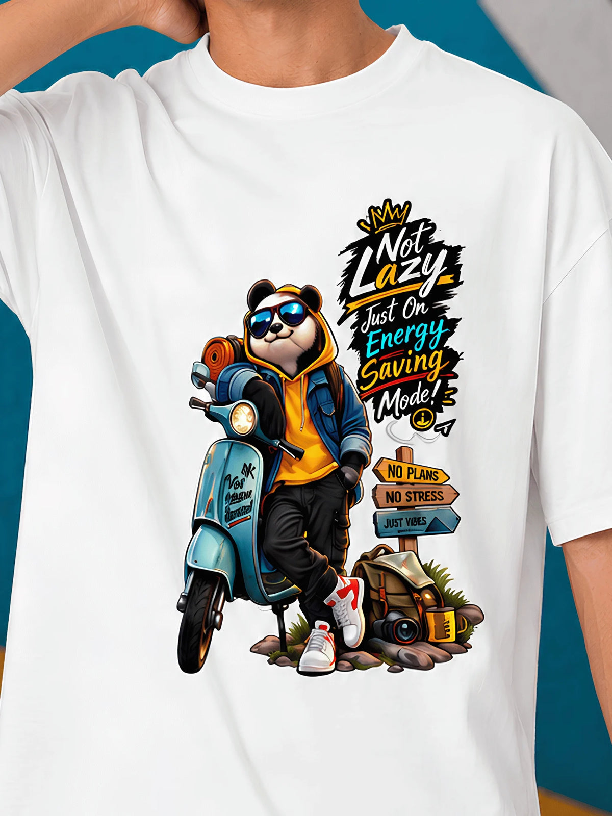 Excello Men's 'Not Lazy' Panda Graphic Oversized T-Shirt | White