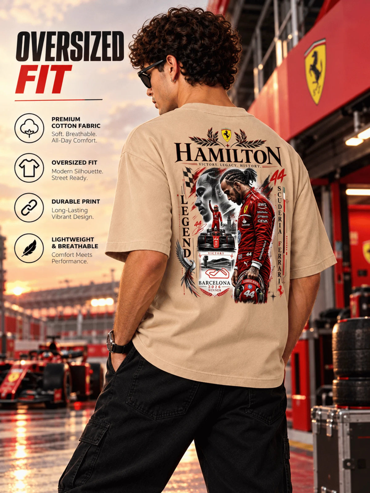 Excello Men's Hamilton Legend Racing Graphic Oversized T-Shirt | Beige