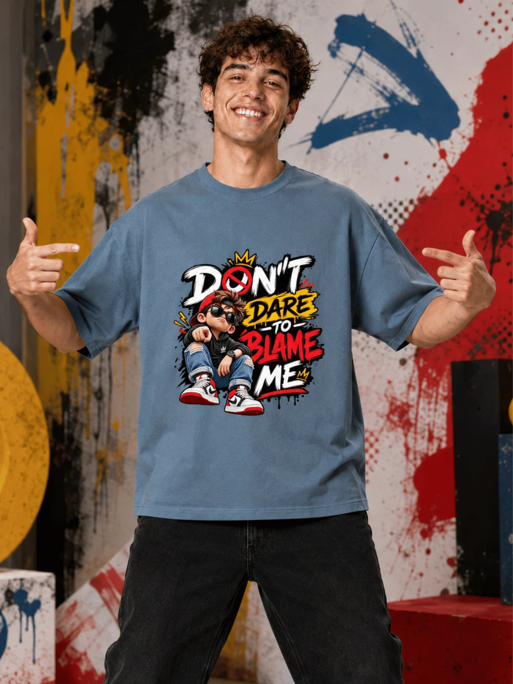 Excello Men's 'Don't Dare to Blame Me' Graphic Oversized T-Shirt | Steel Blue
