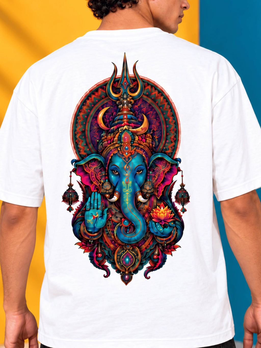 Excello Men's Divine Ganesha Trishul Graphic Oversized T-Shirt - 240 GSM Pure Cotton, Bio-Washed-White