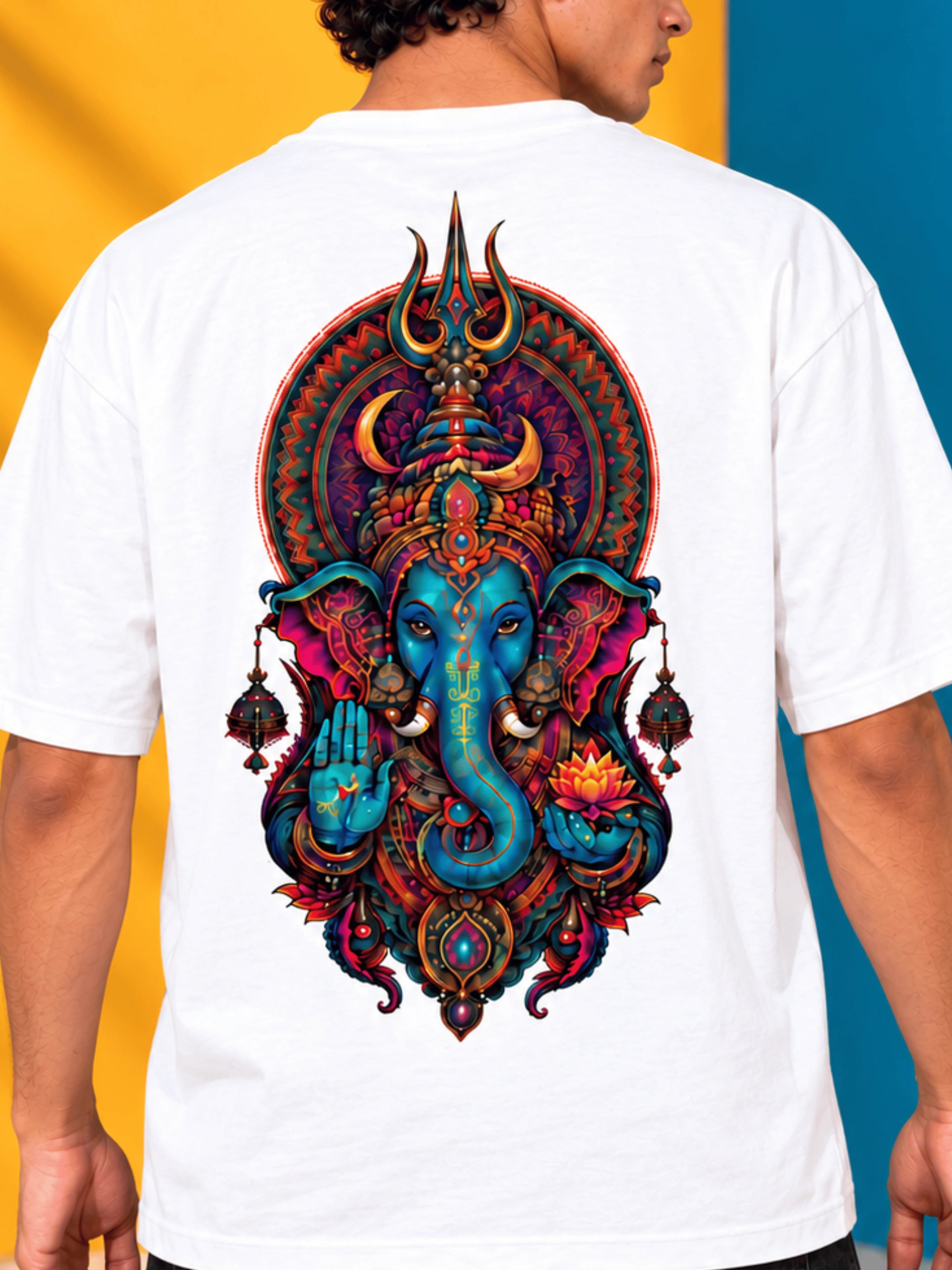 Excello Men's Divine Ganesha Trishul Graphic Oversized T-Shirt - 240 GSM Pure Cotton, Bio-Washed-White