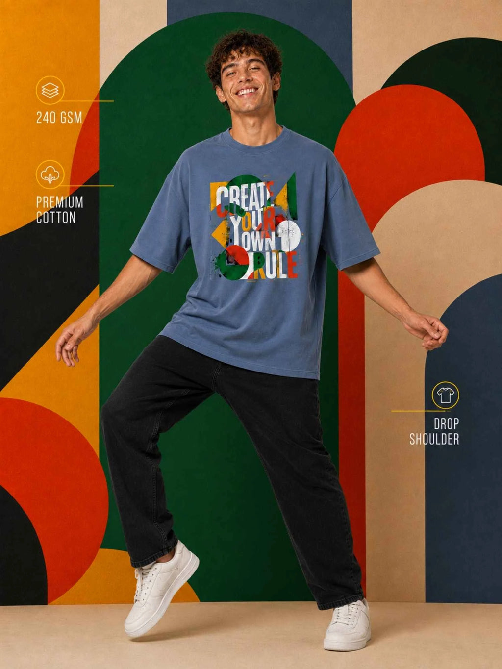 Excello Men's 'Create Your Own Rule' Abstract Graphic Oversized T-Shirt | Steel Blue