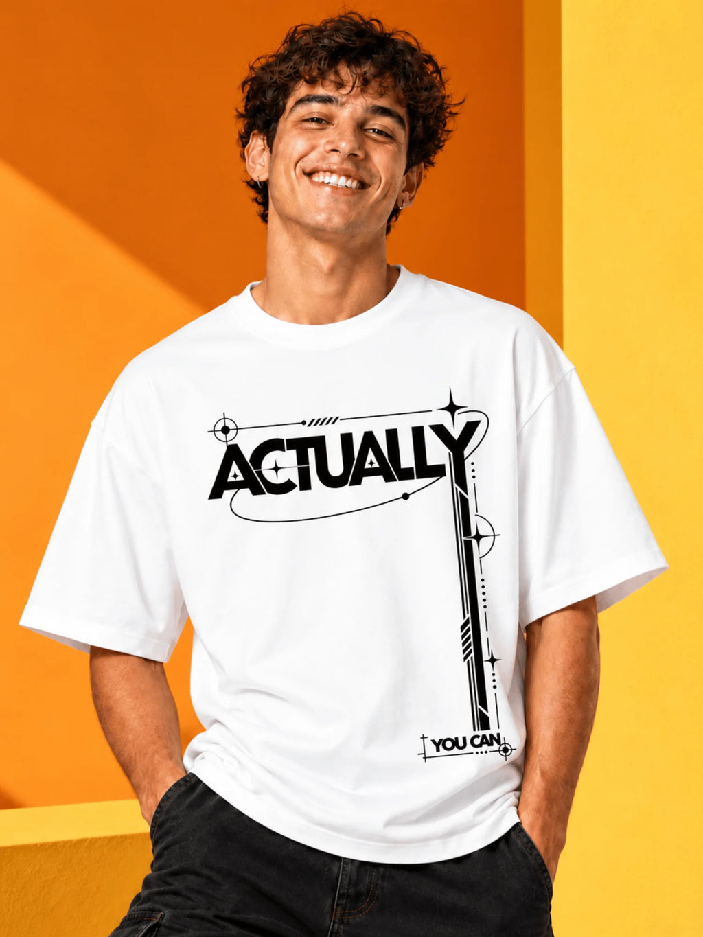 Excello Men's 'Actually You Can' Typography Oversized T-Shirt | White