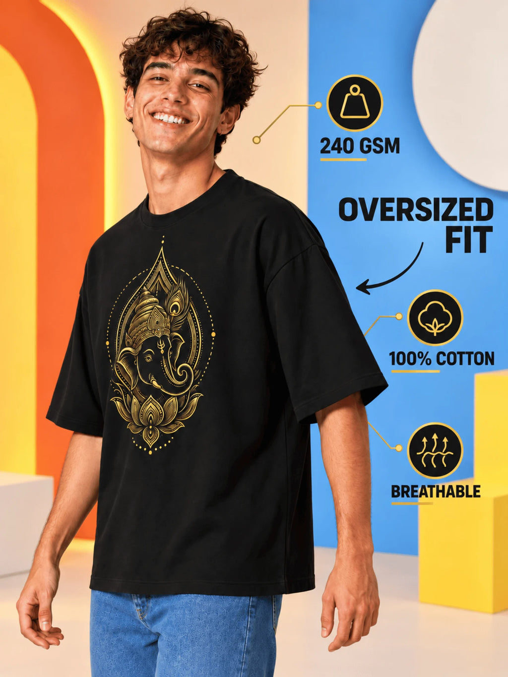 Excello Men's Golden Ganesha Aura Graphic Oversized T-Shirt - 240 GSM Pure Cotton, Bio-Washed | Black
