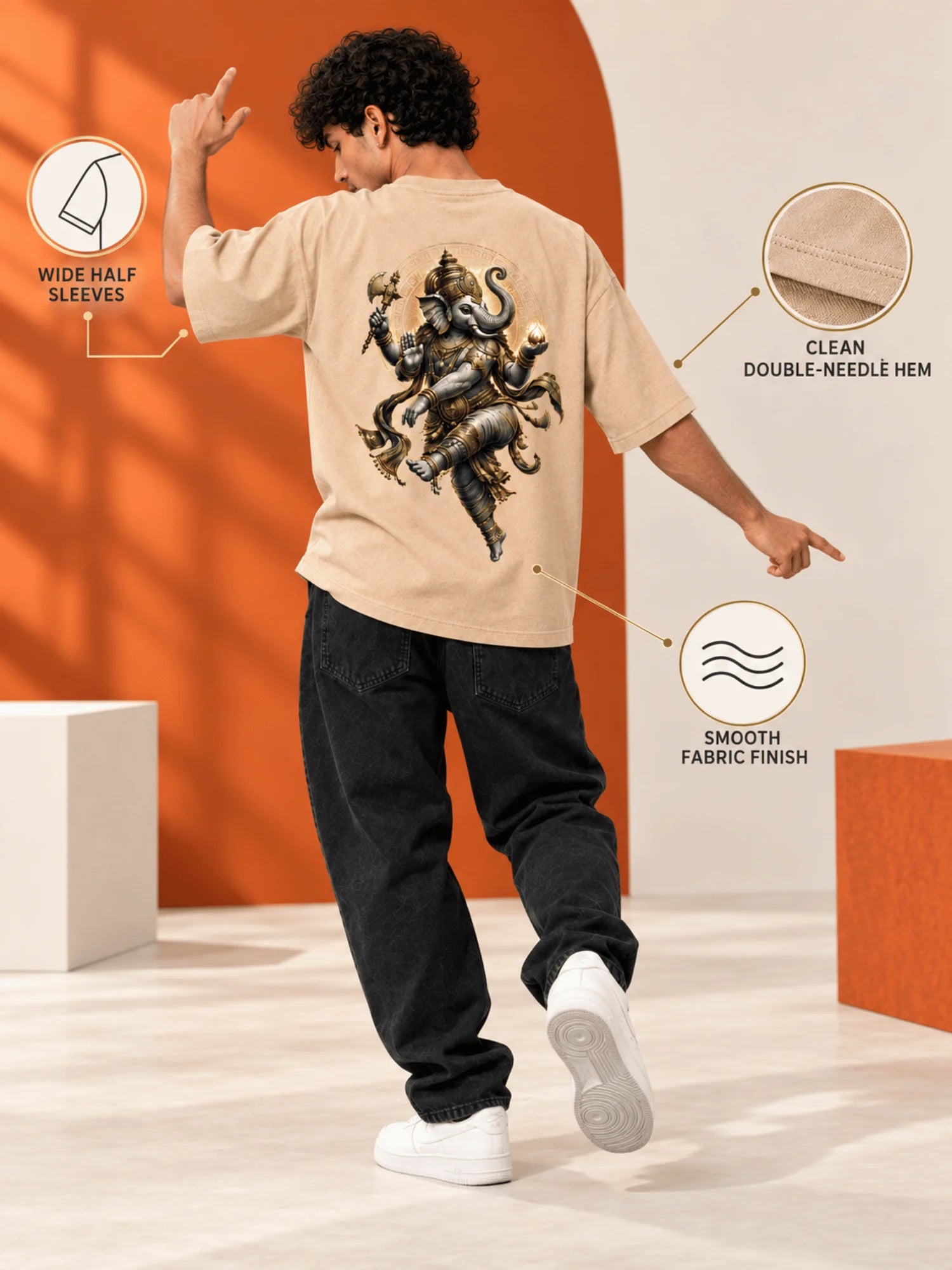 Excello Men's Dynamic Dancing Ganesha Graphic Oversized T-Shirt - 240 GSM Pure Cotton, Bio-Washed | Beige