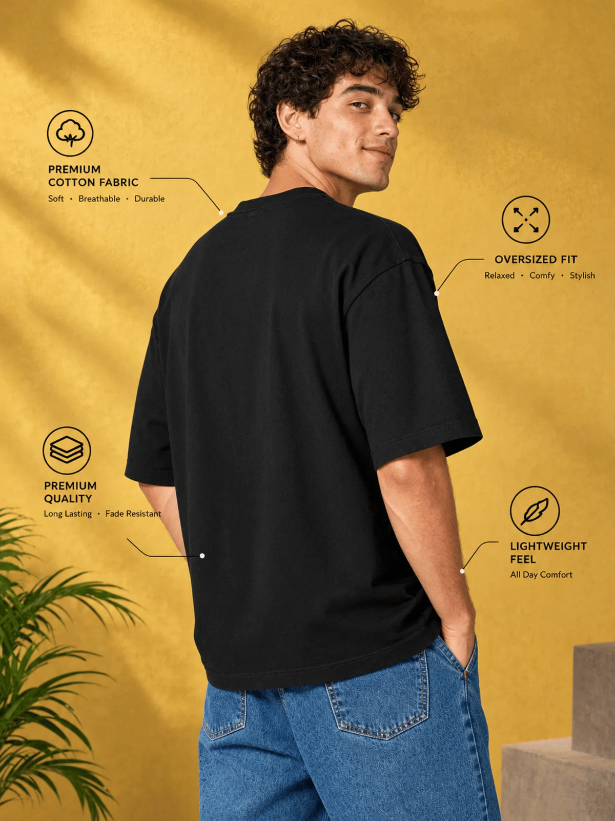 Excello Men's Vintage Crown Graphic Oversized T-Shirt | Black
