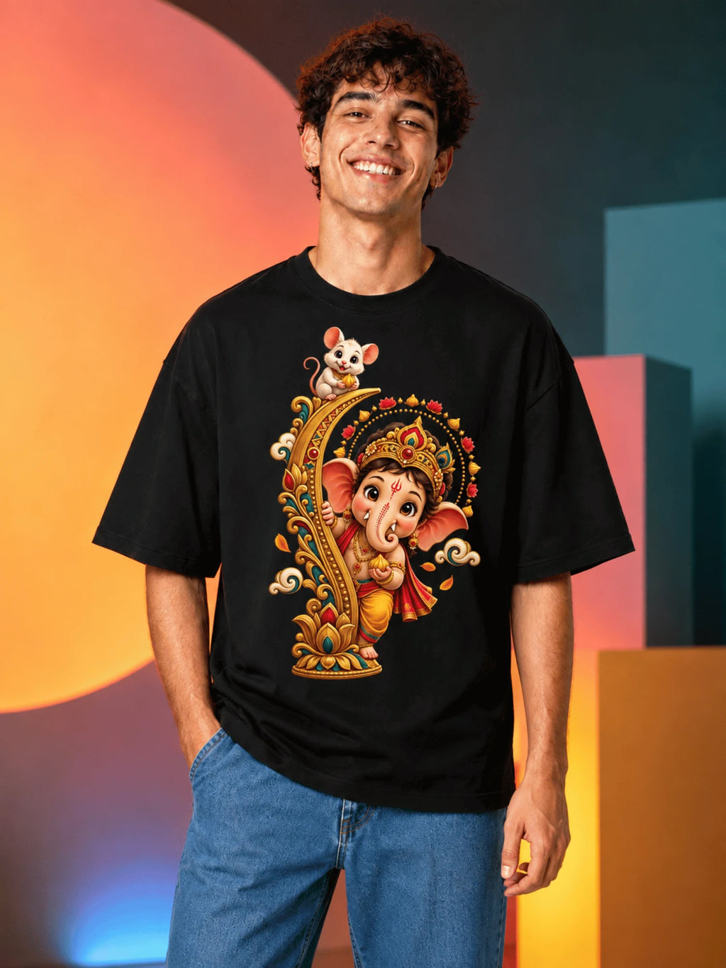 Excello Men's Playful Bal Ganesha & Mushak Graphic Oversized T-Shirt - 240 GSM Pure Cotton, Bio-Washed-Black