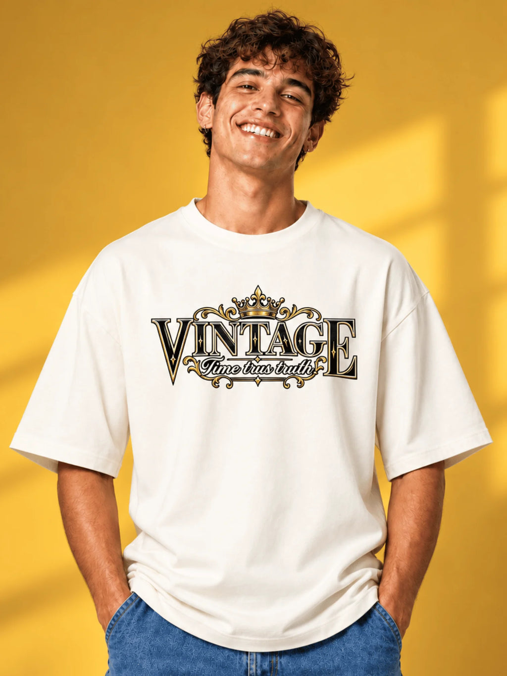 Excello Men's Vintage Crown Graphic Oversized T-Shirt | Off White