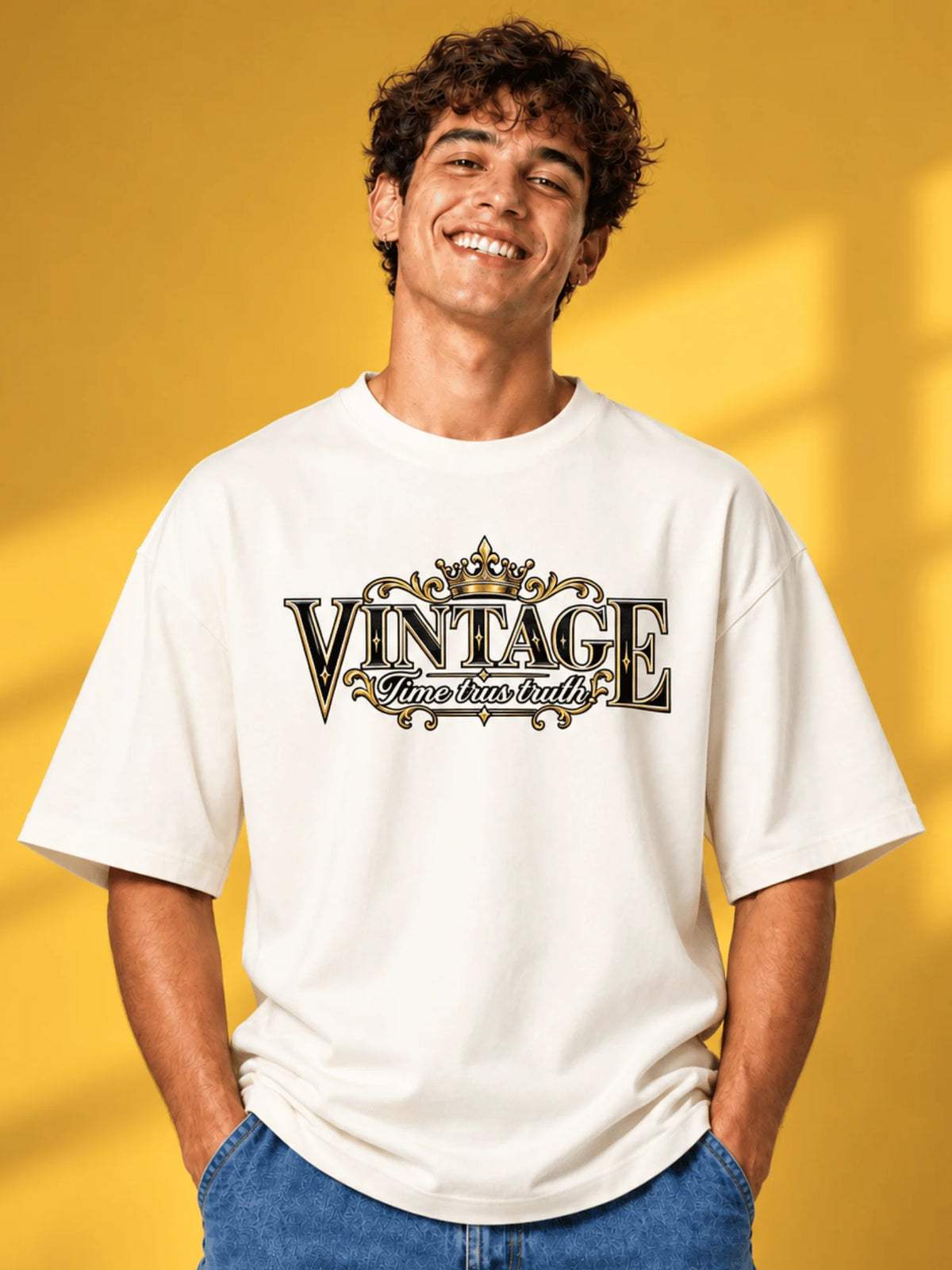 Excello Men's Vintage Crown Graphic Oversized T-Shirt | Off White
