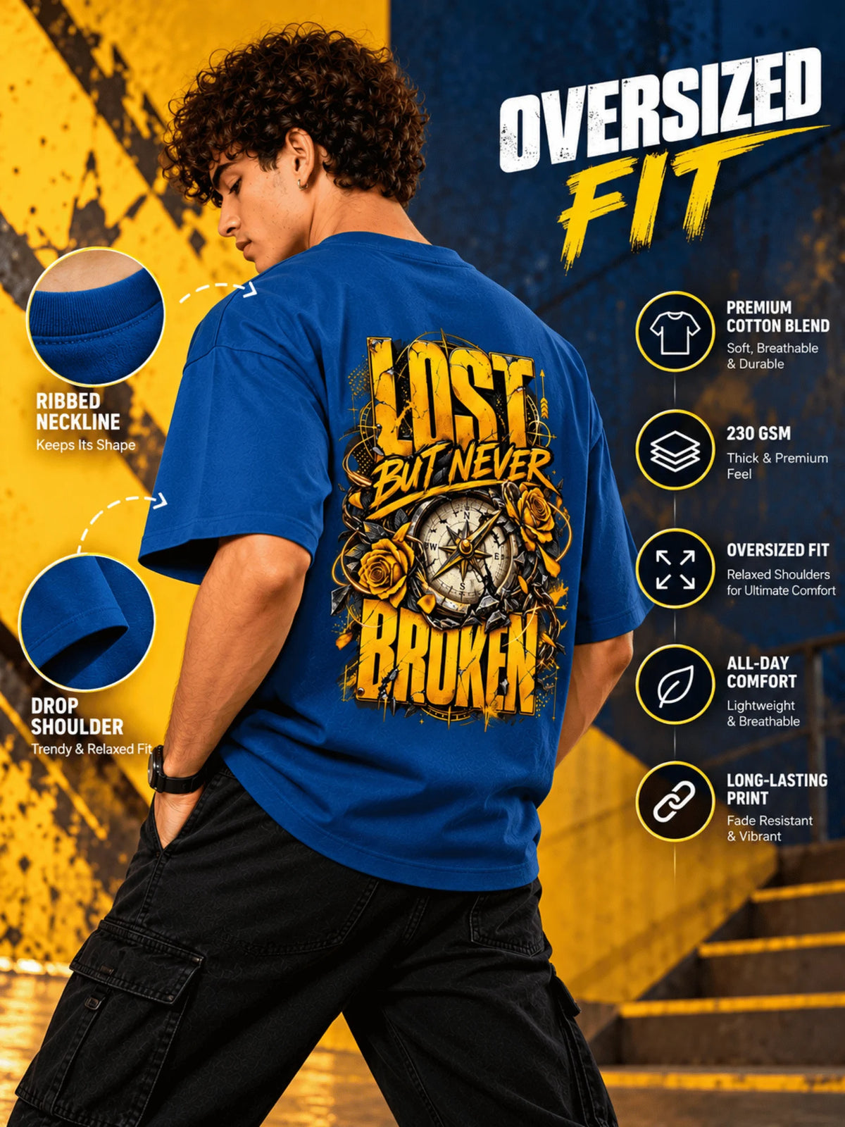 Excello Men's 'Lost But Never Broken' Compass Graphic Oversized T-Shirt | Air Force Blue