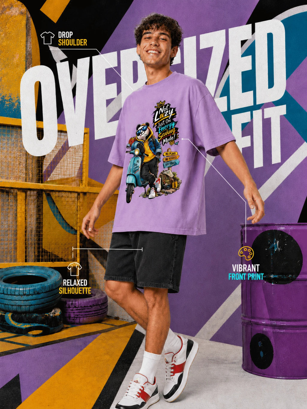 Excello Men's 'Not Lazy' Panda Graphic Oversized T-Shirt | Lavender