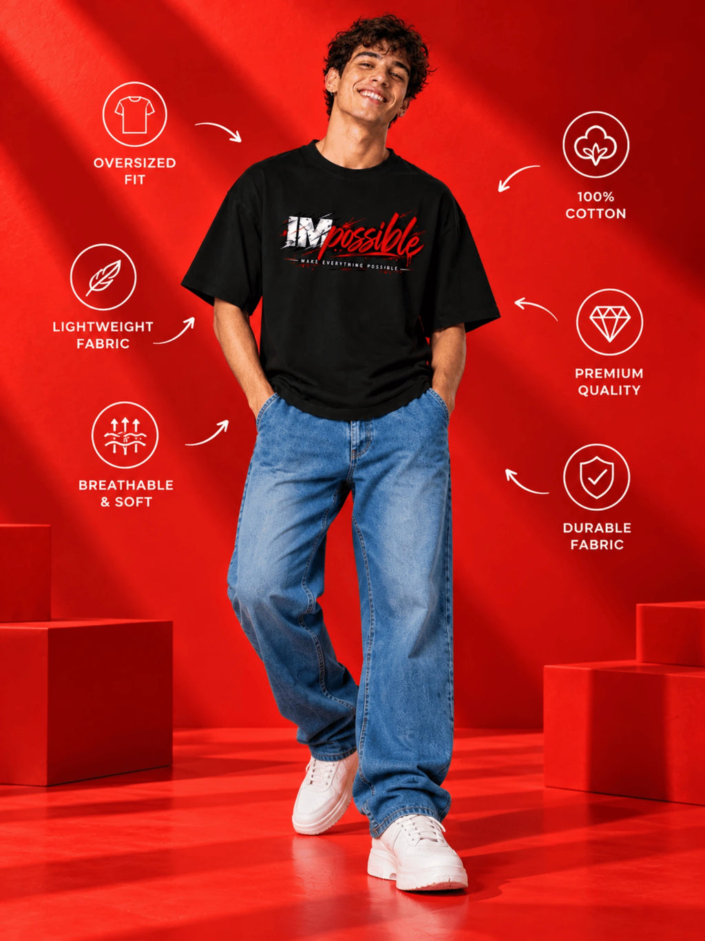 Excello Men's 'Impossible' Motivational Graphic Oversized T-Shirt | Black