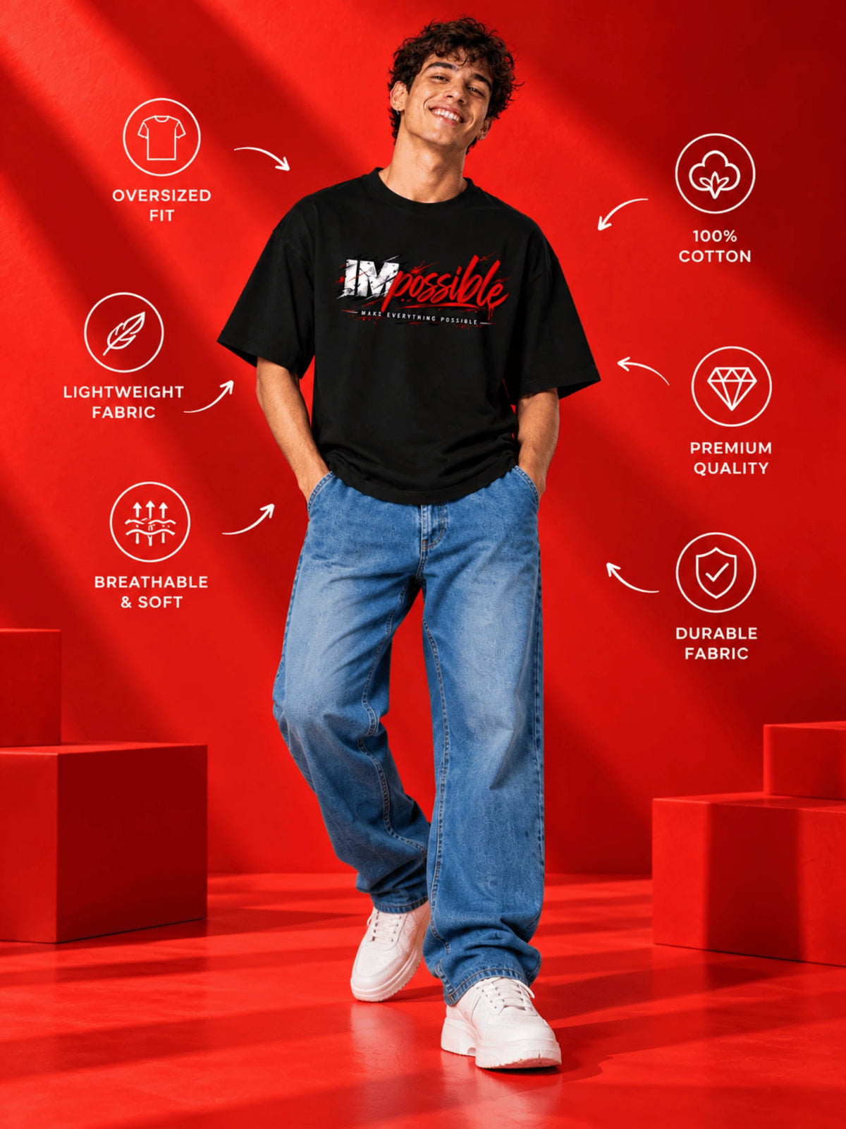 Excello Men's 'Impossible' Motivational Graphic Oversized T-Shirt | Black