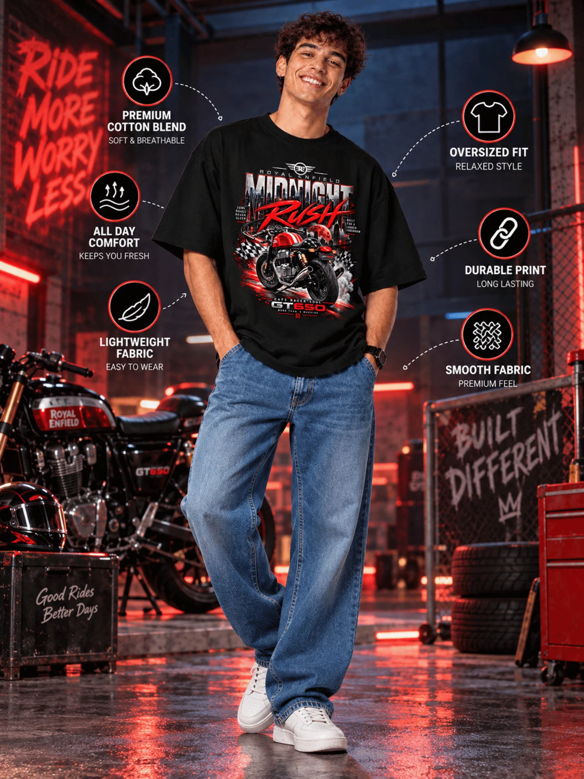 Excello Men's Royal Enfield GT 650 'Midnight Rush' Graphic Oversized T-Shirt | Black