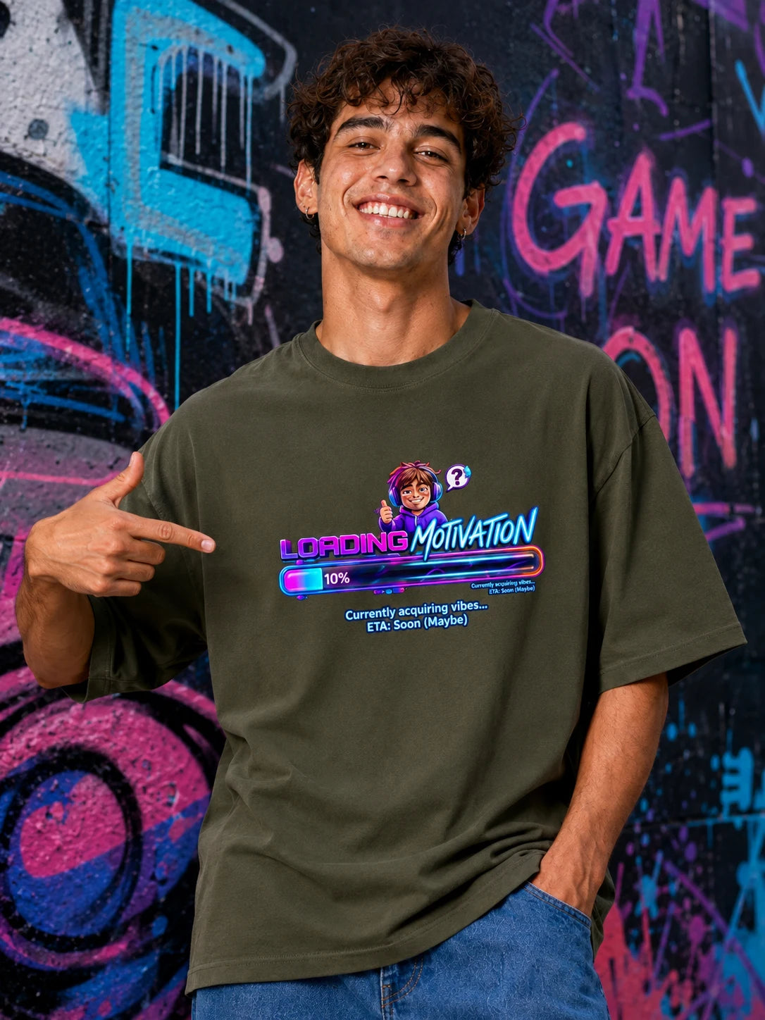 Excello Men's 'Loading Motivation' Gamer Graphic Oversized T-Shirt | Olive