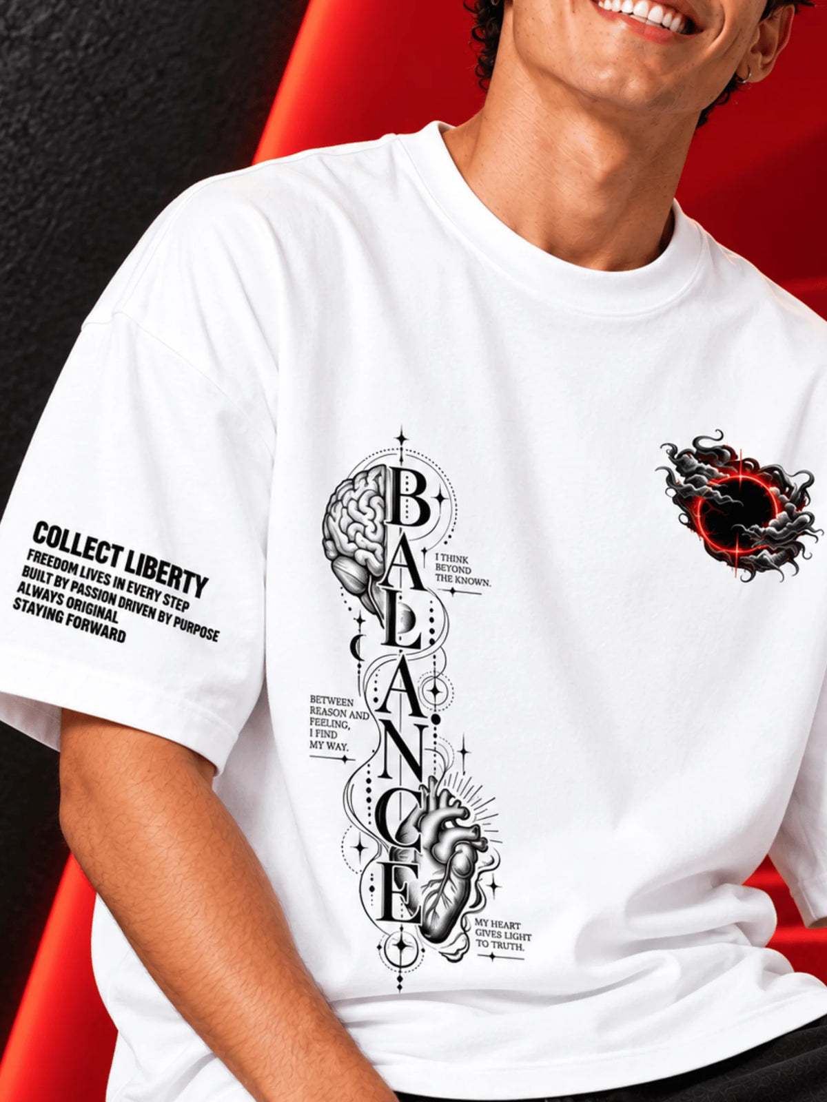 Excello Men's 'Balance' Brain & Heart Graphic Oversized T-Shirt | White