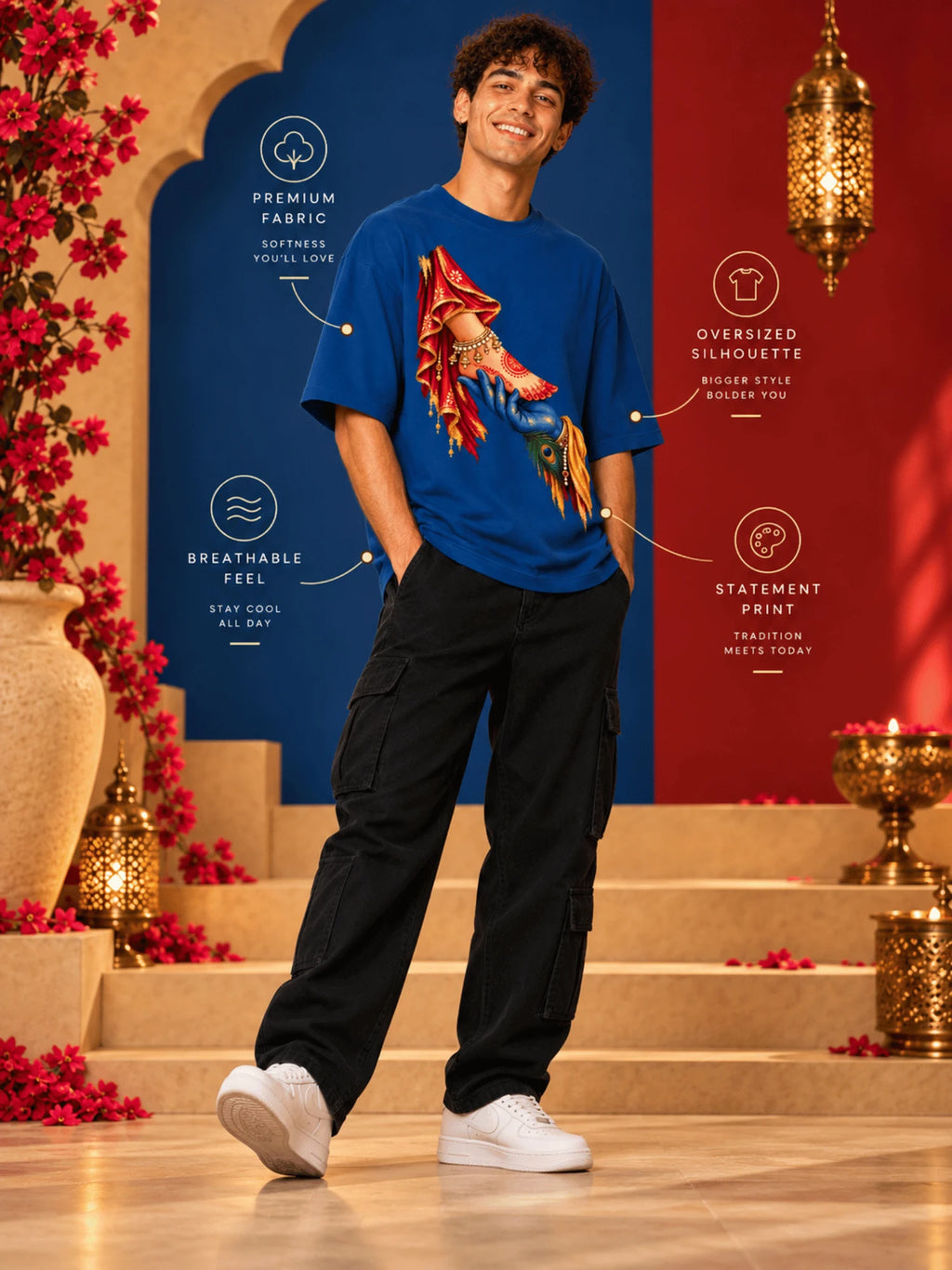 Excello Men's Divine Radha Krishna Love Graphic Oversized T-Shirt - 240 GSM | AirForce Blue